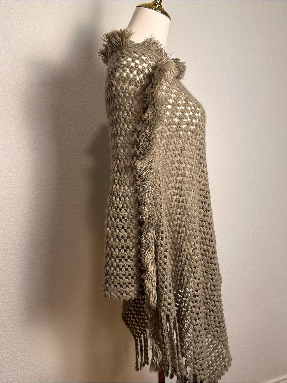 Cozy Taupe Fringe Knit Poncho Sweater - Picture 5 of 6